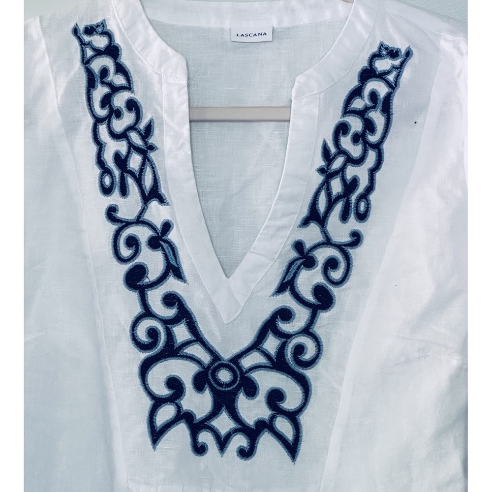 Lascana Women's 8 Top White Navy Blue Embroidered Long Sleeves V-neck Blouse - Picture 4 of 9